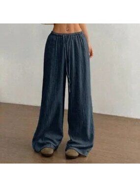 Navy Blue Casual Women's Ultra Low-Rise Cotton Straight Leg Pants